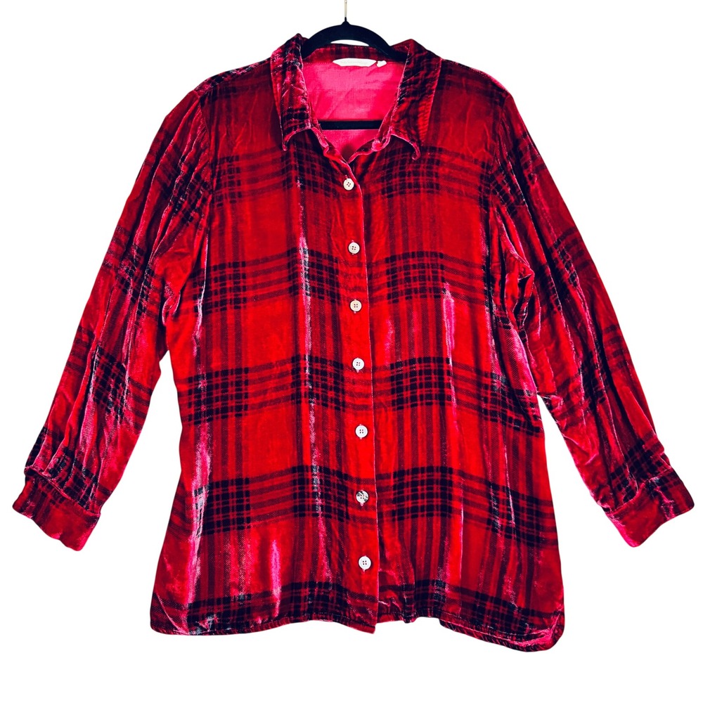 Soft Surroundings Shimmer Plaid Top Women XL Red Velour Cotton Long Slve Festive